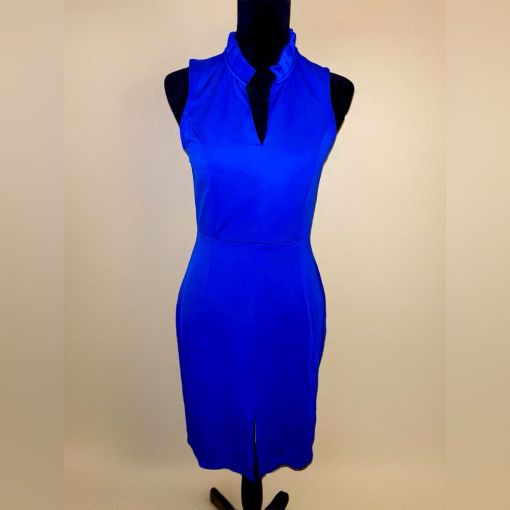 Bright Blue Max + Ash V-Neck Midi Dress with Ruffle Detail Collar. NWT.